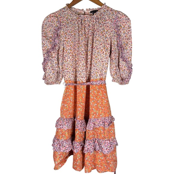 Ann Taylor Ruffle Multicolor Ditzy Floral Knee Length Dress Lined Size 0 - Picture 1 of 6
